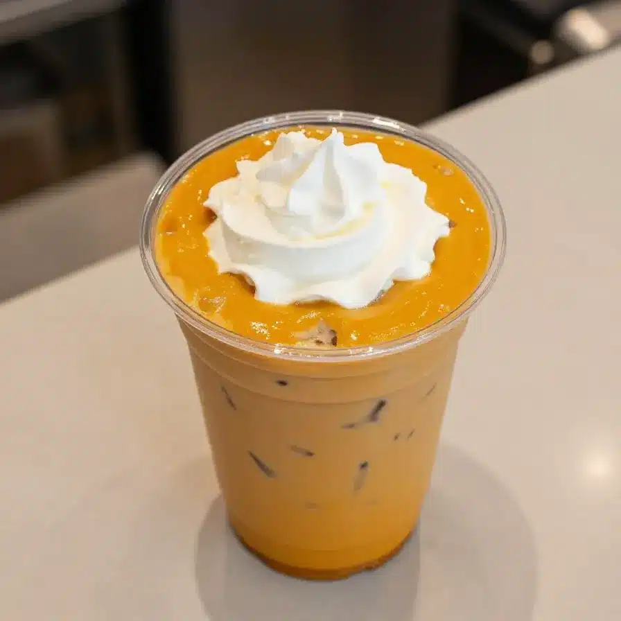 A homemade pumpkin spice Starbucks drink in a glass mug topped with whipped cream and cinnamon.