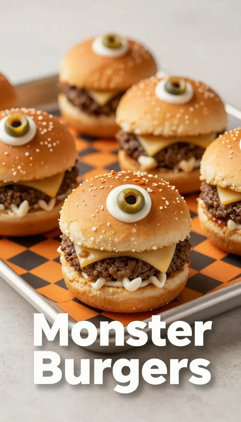 Make-Ahead Halloween Sliders 4 A platter of Halloween-themed sliders featuring spooky decorations