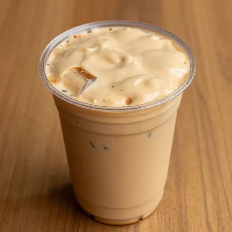 A close-up of a pumpkin spice latte topped with whipped cream and caramel drizzle in a ceramic mug.