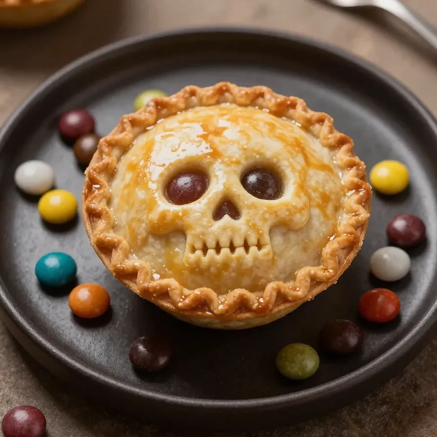 A spooky pie decorated with zombie-themed icing and edible decorations.