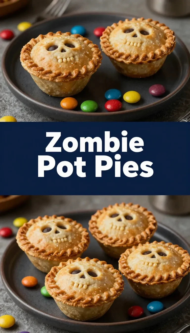 A spooky pie decorated with zombie-themed icing and edible decorations.
