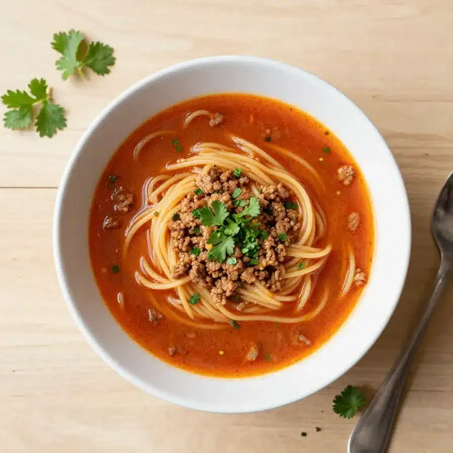 A bowl of corned beef macaroni soup garnished with parsley and pepper