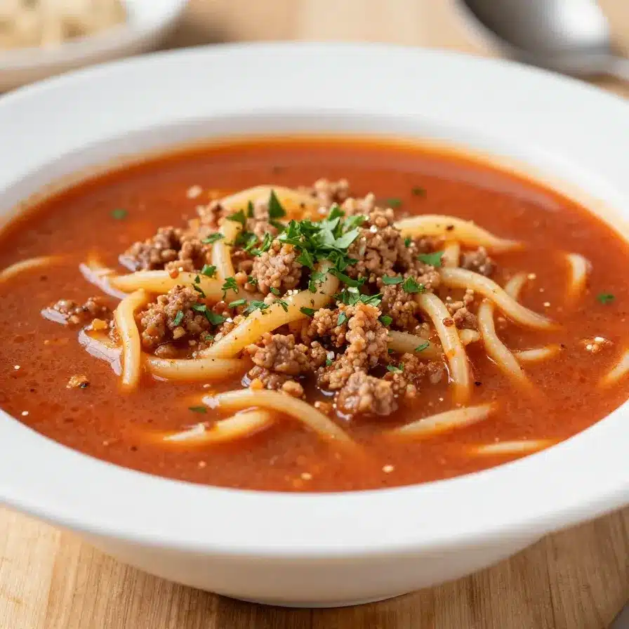 A bowl of corned beef macaroni soup garnished with parsley and pepper