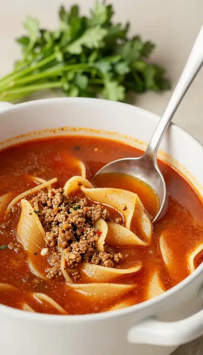 A bowl of corned beef macaroni soup garnished with parsley and pepper