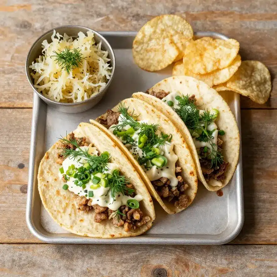 A delicious Reuben taco filled with corned beef, sauerkraut, and Swiss cheese