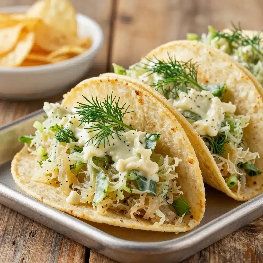 A delicious Reuben taco filled with corned beef, sauerkraut, and Swiss cheese