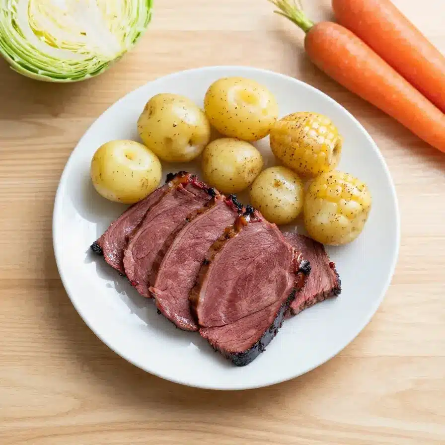 A delicious slow cooker corned beef and cabbage dish served on a plate with carrots and potatoes