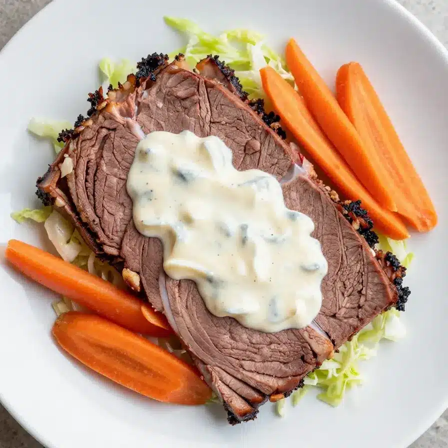 A plate of traditional corned beef and cabbage served with carrots and potatoes.