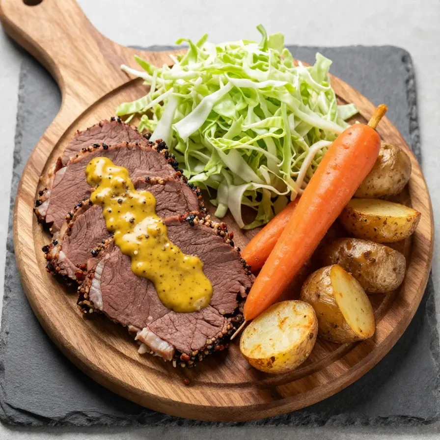 A slow cooker filled with corned beef and root vegetables, steaming and ready to serve
