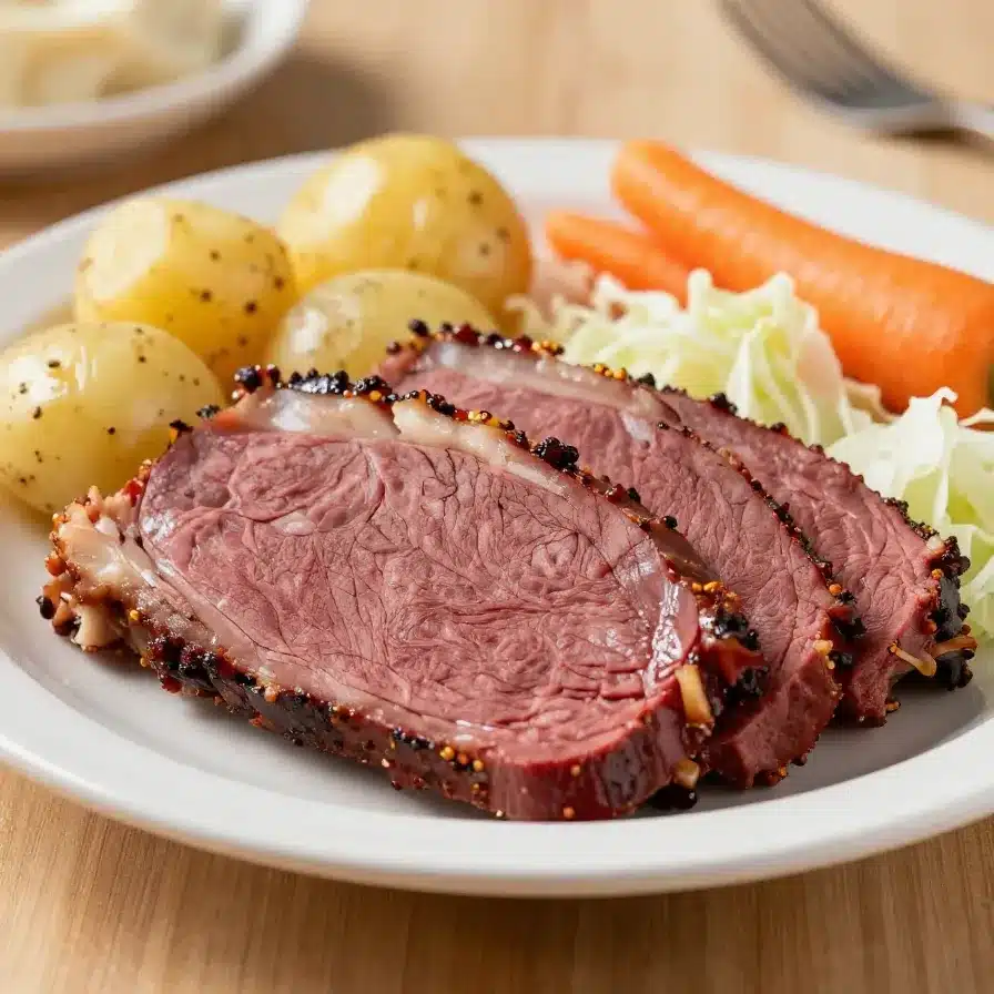 A delicious slow cooker corned beef and cabbage dish served on a plate with carrots and potatoes