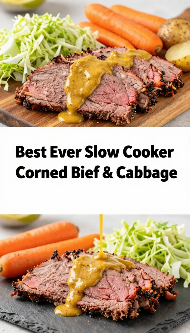 A slow cooker filled with corned beef and root vegetables, steaming and ready to serve