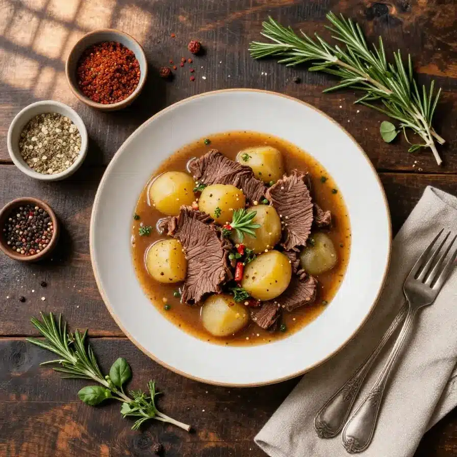 A hearty bowl of corned beef and potato stew garnished with fresh parsley.