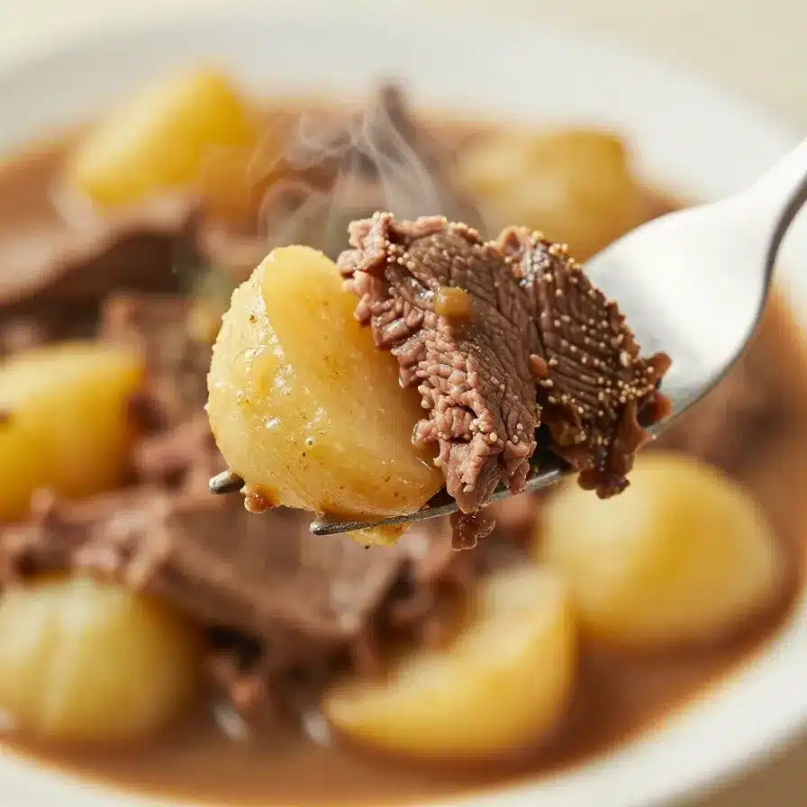 A hearty bowl of corned beef and potato stew garnished with fresh parsley.