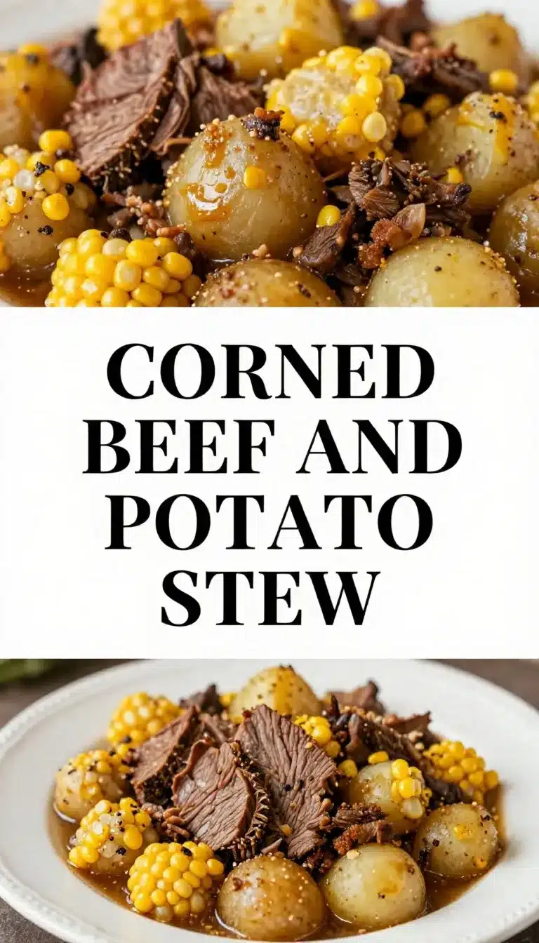 A hearty bowl of corned beef and potato stew garnished with fresh parsley.
