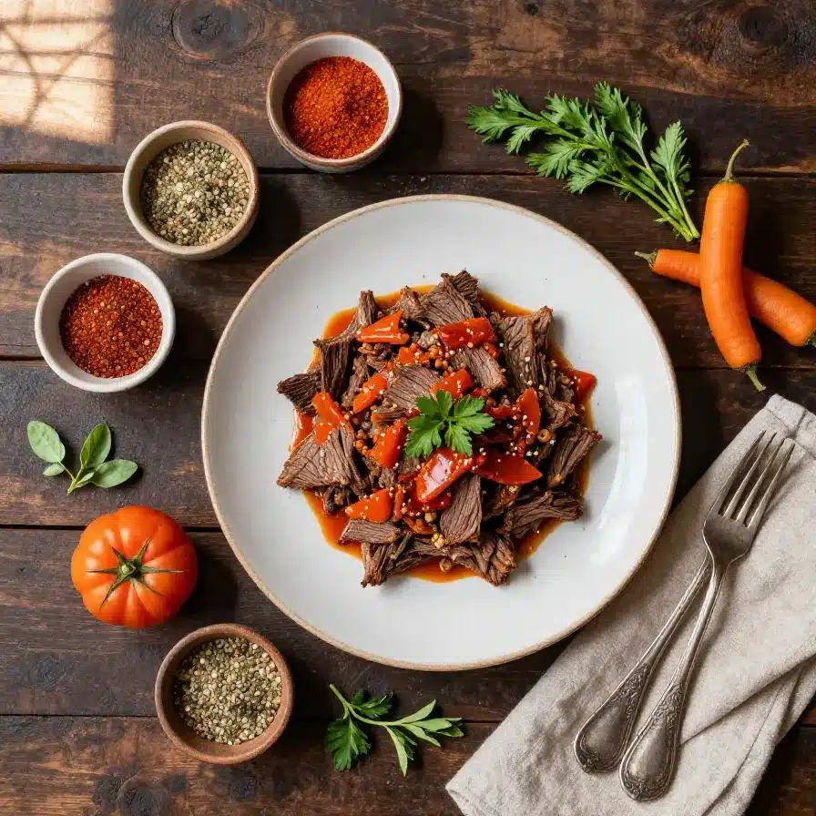 A close-up of sweet and spicy corned beef served on a plate with a side of vegetables.