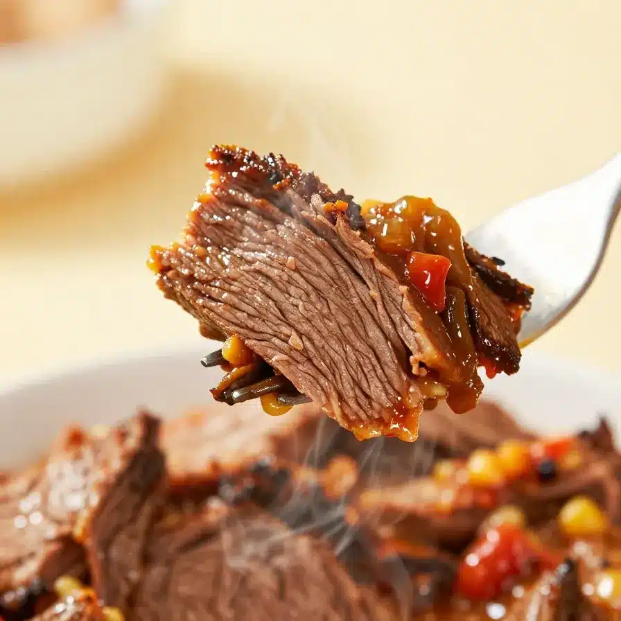 A close-up of sweet and spicy corned beef served on a plate with a side of vegetables.