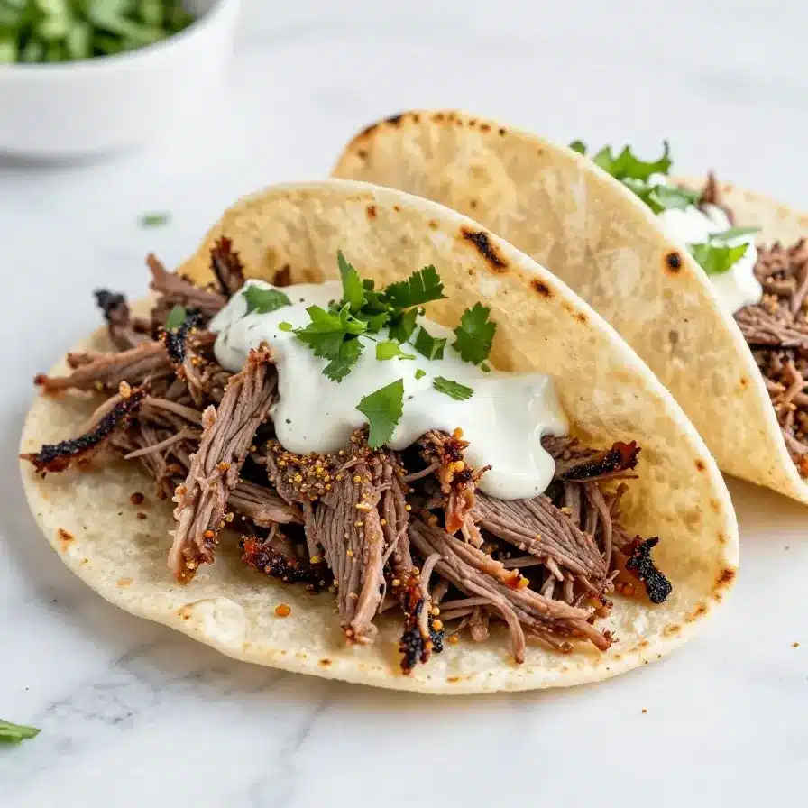 Crockpot corned beef tacos served with fresh toppings on a wooden table.