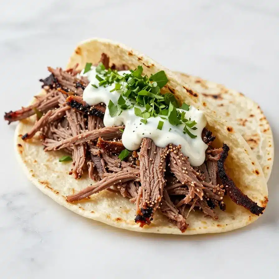 Crockpot corned beef tacos served with fresh toppings on a wooden table.