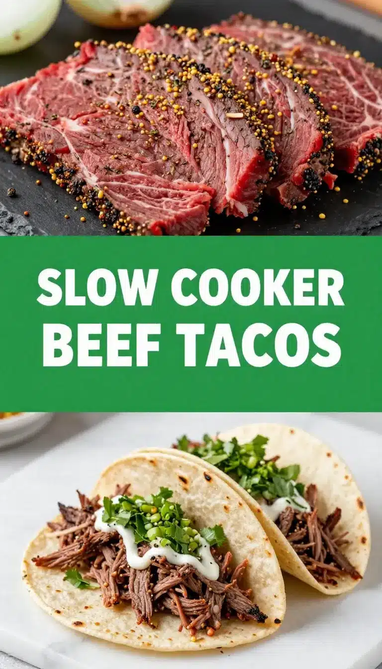Crockpot corned beef tacos served with fresh toppings on a wooden table.