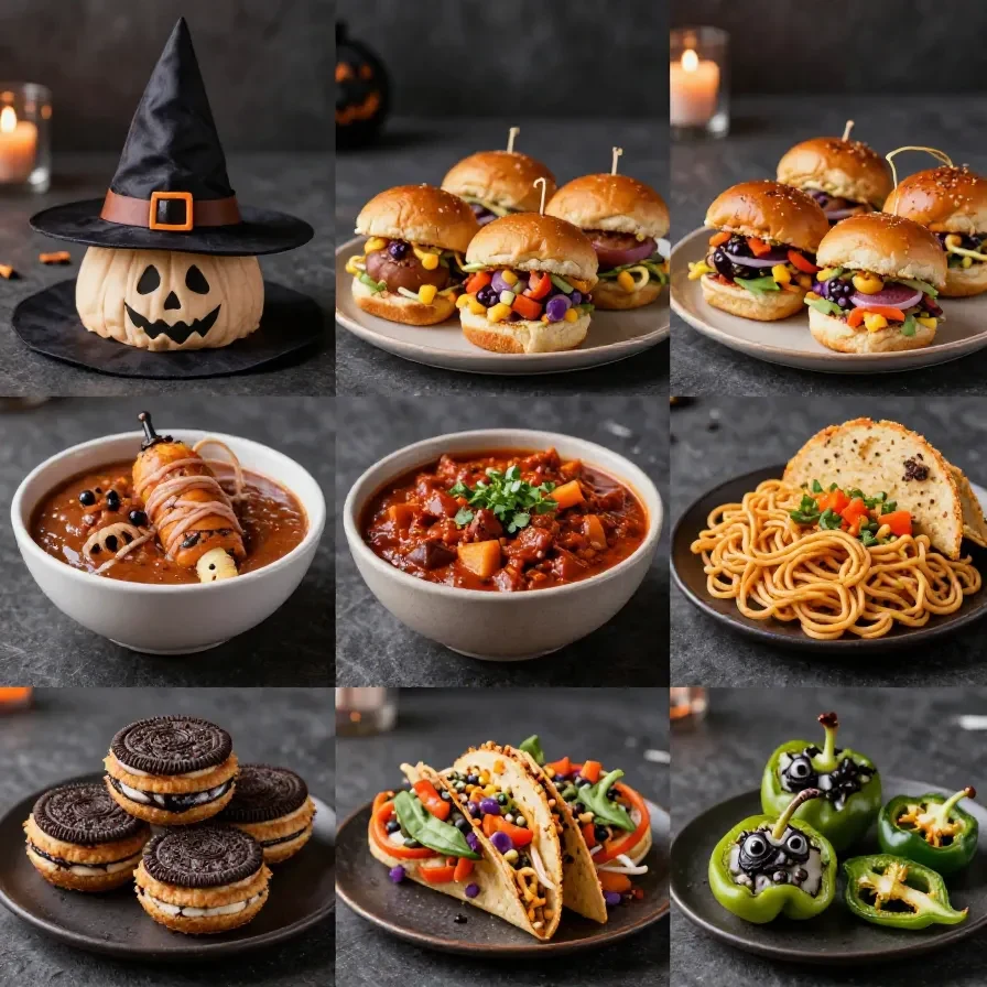 18 Halloween Potluck Recipes That’ll Be a Hit at Any Halloween Party 21 A colorful spread of Halloween potluck dishes including spooky-themed appetizers and desserts.