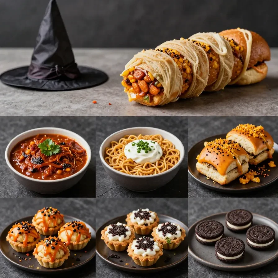 18 Halloween Potluck Recipes That’ll Be a Hit at Any Halloween Party 4 A colorful spread of Halloween potluck dishes including spooky-themed appetizers and desserts.
