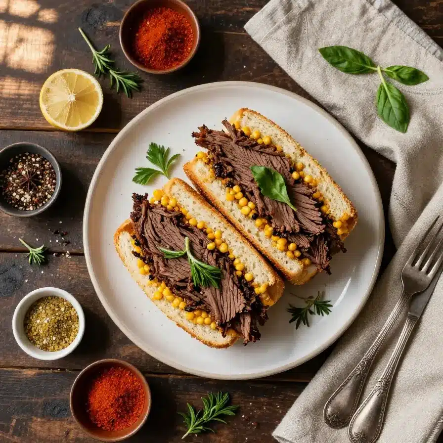 A close-up of a Crockpot Corned Beef Sandwich served on a wooden cutting board.