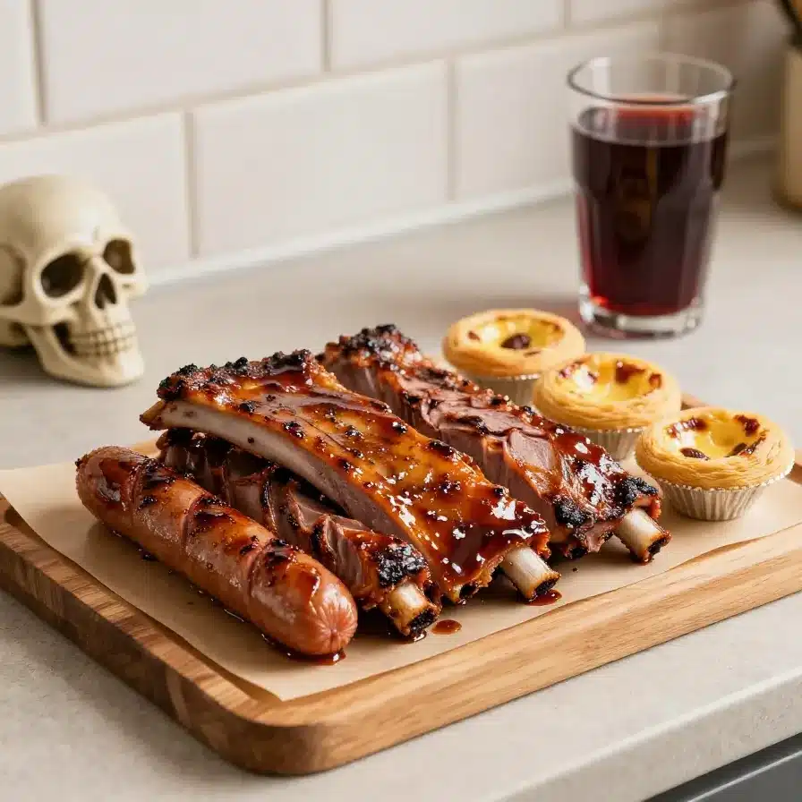 Halloween BBQ Party Platter 2 A colorful Halloween BBQ party platter featuring spooky-themed foods