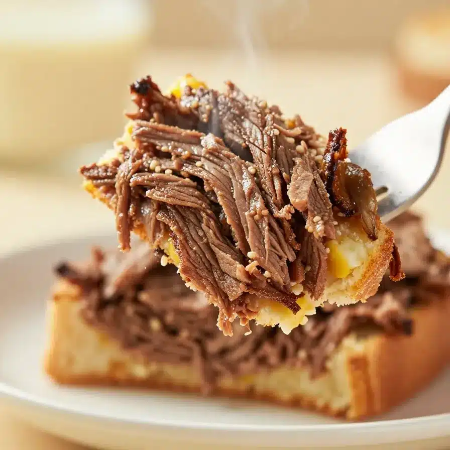 A close-up of a Crockpot Corned Beef Sandwich served on a wooden cutting board.