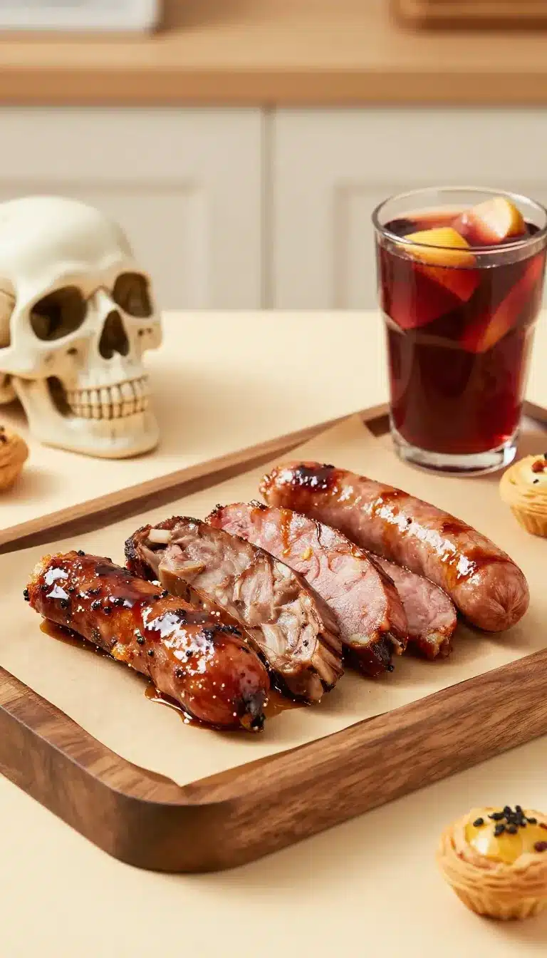 Halloween BBQ Party Platter 4 A colorful Halloween BBQ party platter featuring spooky-themed foods