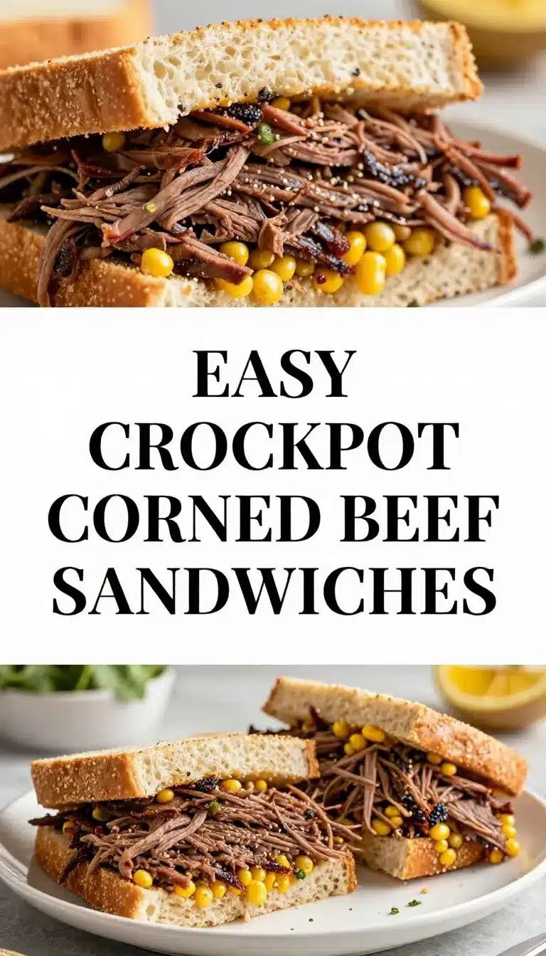 A close-up of a Crockpot Corned Beef Sandwich served on a wooden cutting board.