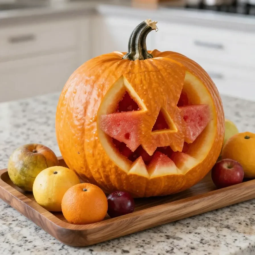 A creative fruit tray featuring a Jack-O'-Lantern carved from a watermelon surrounded by assorted fruits.
