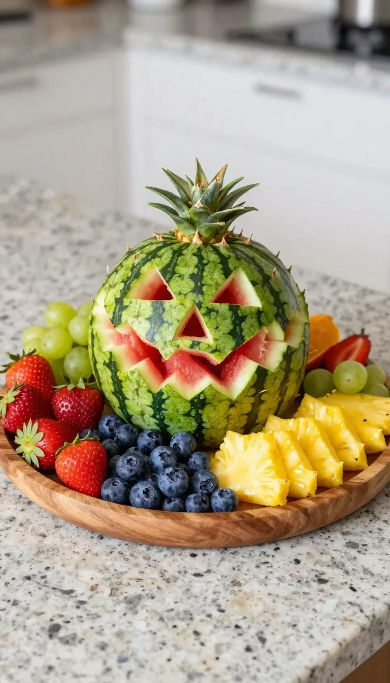 A creative fruit tray featuring a Jack-O'-Lantern carved from a watermelon surrounded by assorted fruits.