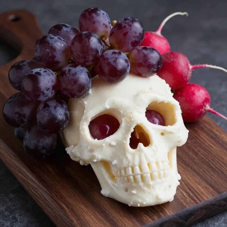 A creatively arranged skull snack board featuring various cheeses, fruits, and nuts