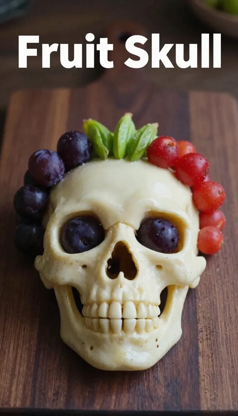 A creatively arranged skull snack board featuring various cheeses, fruits, and nuts