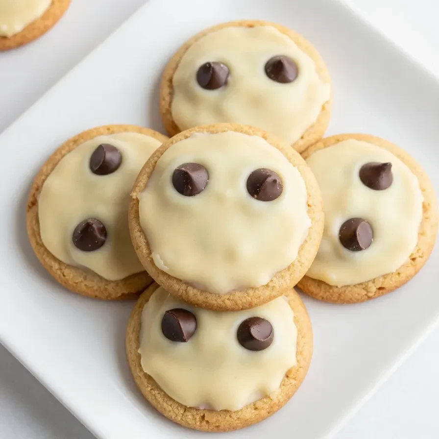 Nutter Butter Ghosts 2 A plate of Nutter Butter cookies shaped like ghosts with chocolate eyes and mouth.
