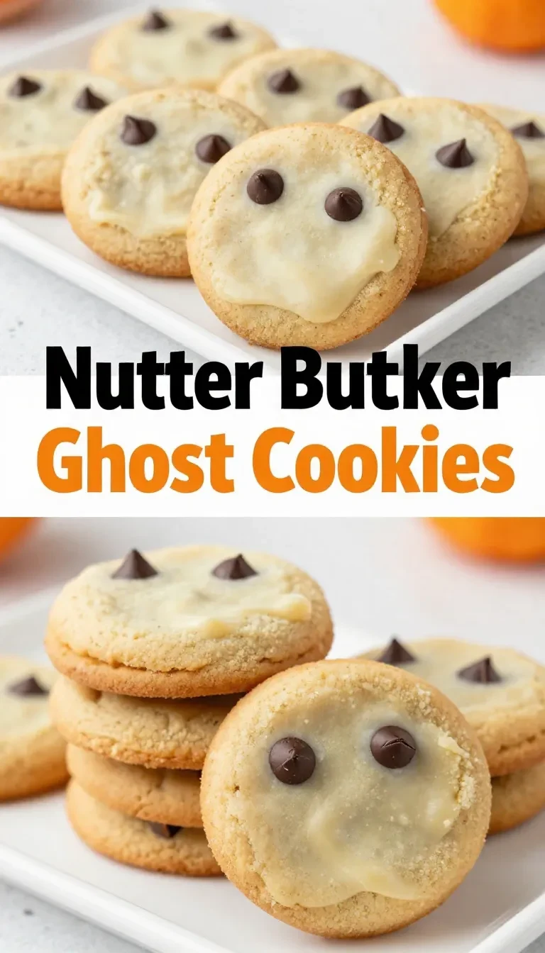 Nutter Butter Ghosts 4 A plate of Nutter Butter cookies shaped like ghosts with chocolate eyes and mouth.