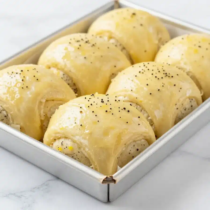 Freshly baked lemon rolls served on a white plate with a drizzle of icing.