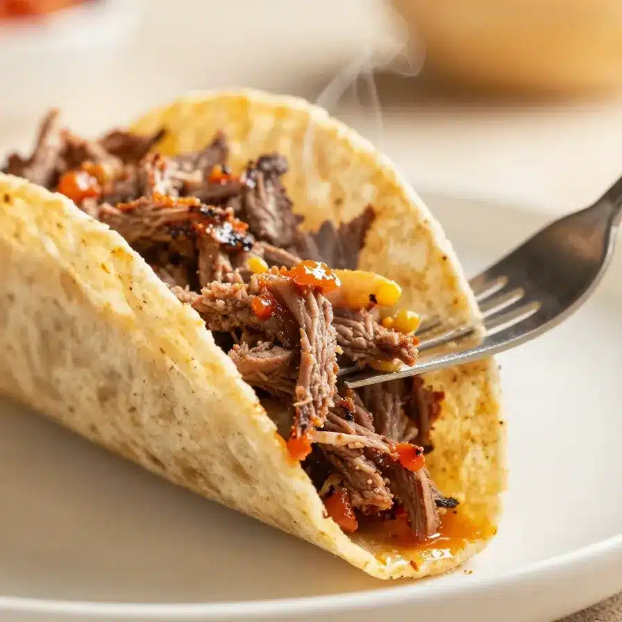 Sweet and spicy corned beef tacos served on a wooden platter with fresh toppings.