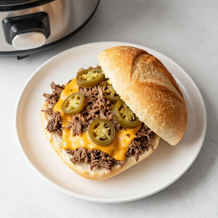 A bowl of spicy slow cooker corned beef garnished with jalapenos and herbs