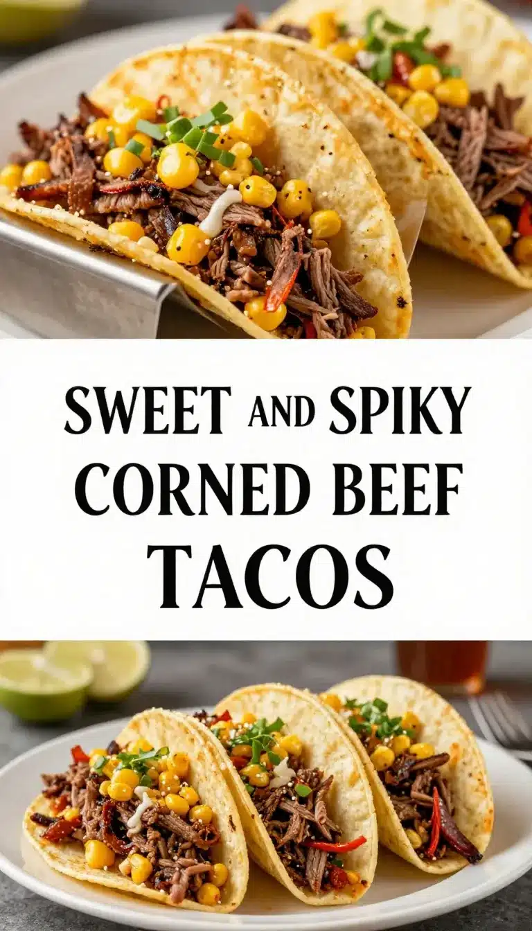 Sweet and spicy corned beef tacos served on a wooden platter with fresh toppings.