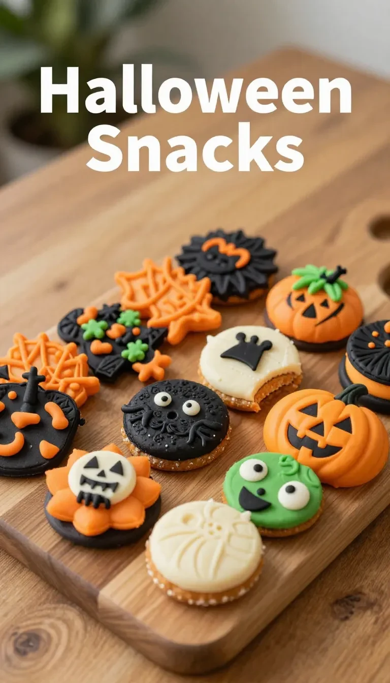Halloween Snack Board for Kids 5 A colorful Halloween snack board filled with various treats for kids, including gummy worms, candy corn, and pumpkin-shaped cookies.