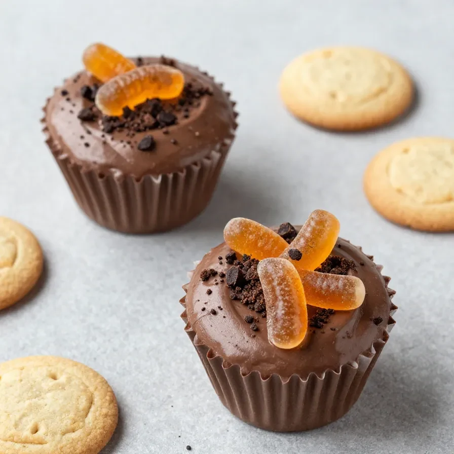 A close-up of Halloween dirt cups topped with gummy worms and chocolate sprinkles