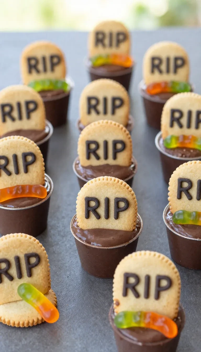 A close-up of Halloween dirt cups topped with gummy worms and chocolate sprinkles