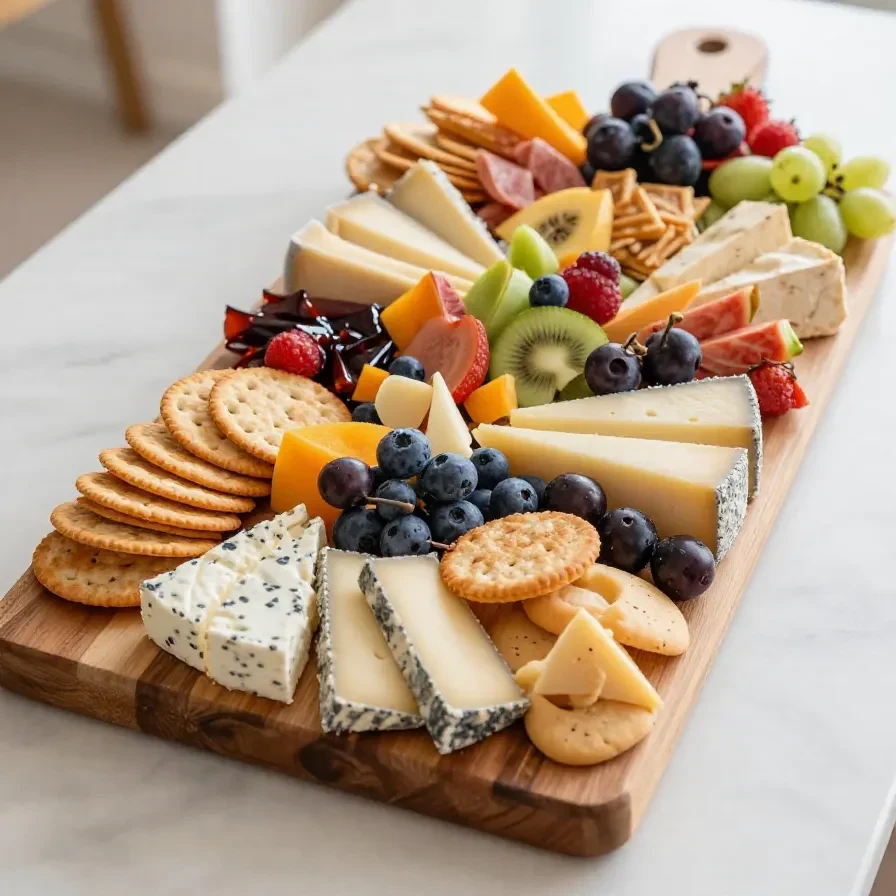 A Halloween-themed charcuterie board featuring spooky snacks and treats