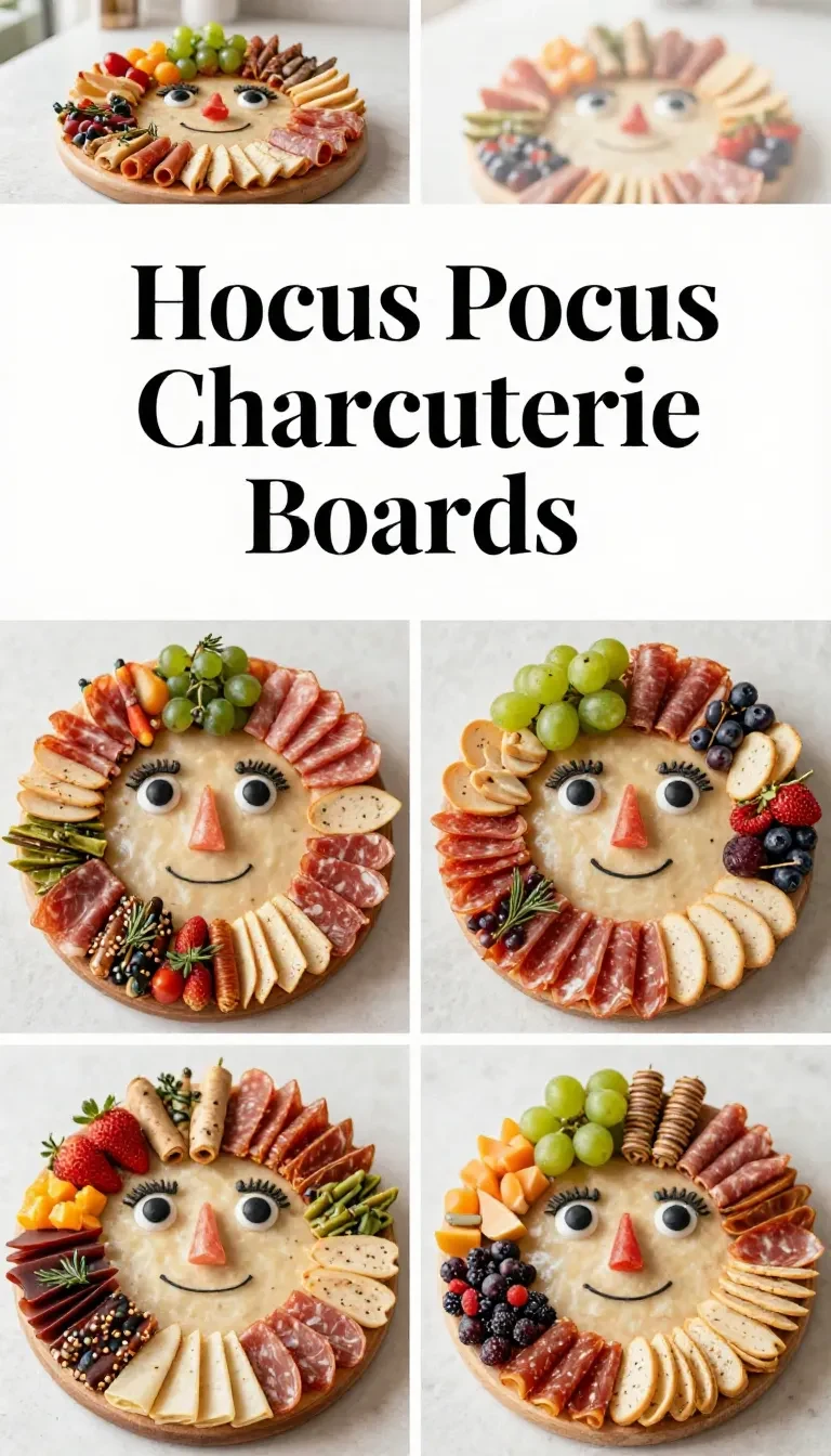 A Halloween-themed charcuterie board featuring spooky snacks and treats