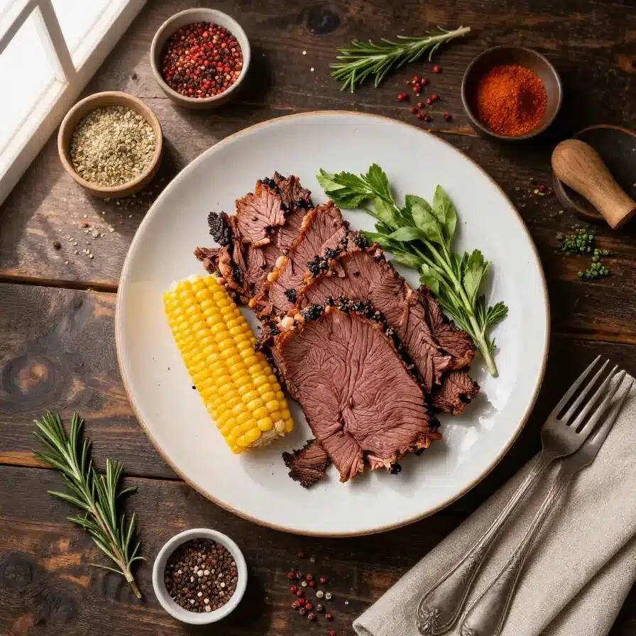 A delicious plate of corned beef with various side dishes