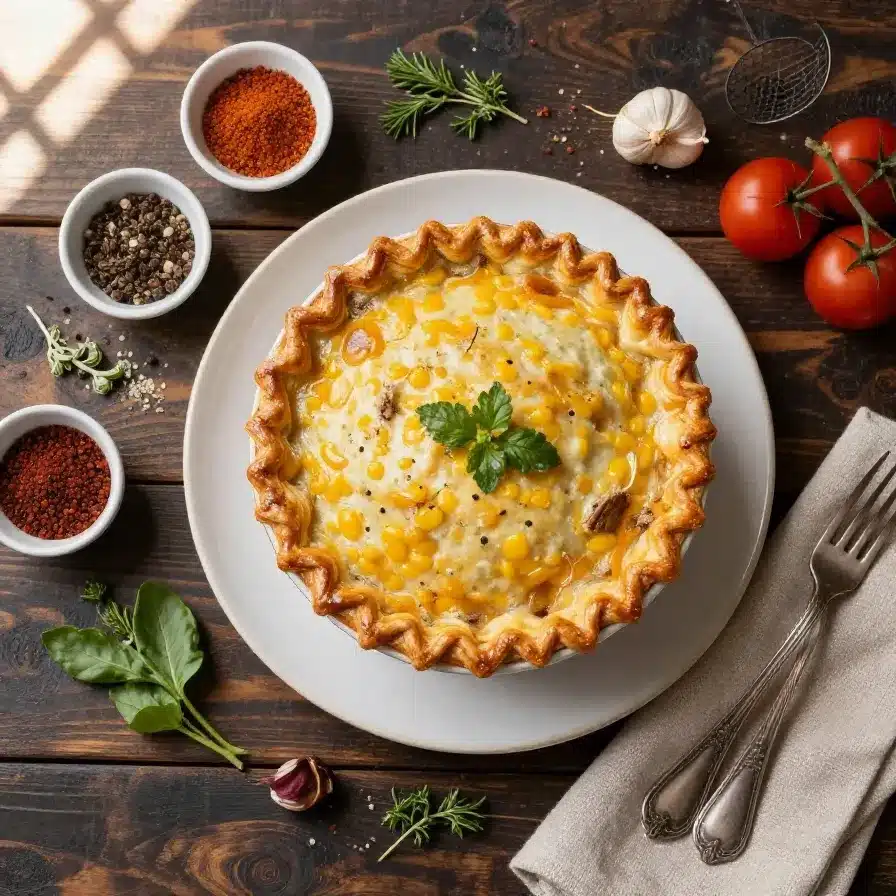 A golden-brown pot pie filled with corned beef, vegetables, and a flaky crust, served on a rustic wooden table.