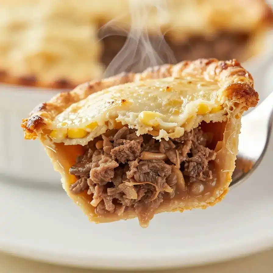 A golden-brown pot pie filled with corned beef, vegetables, and a flaky crust, served on a rustic wooden table.