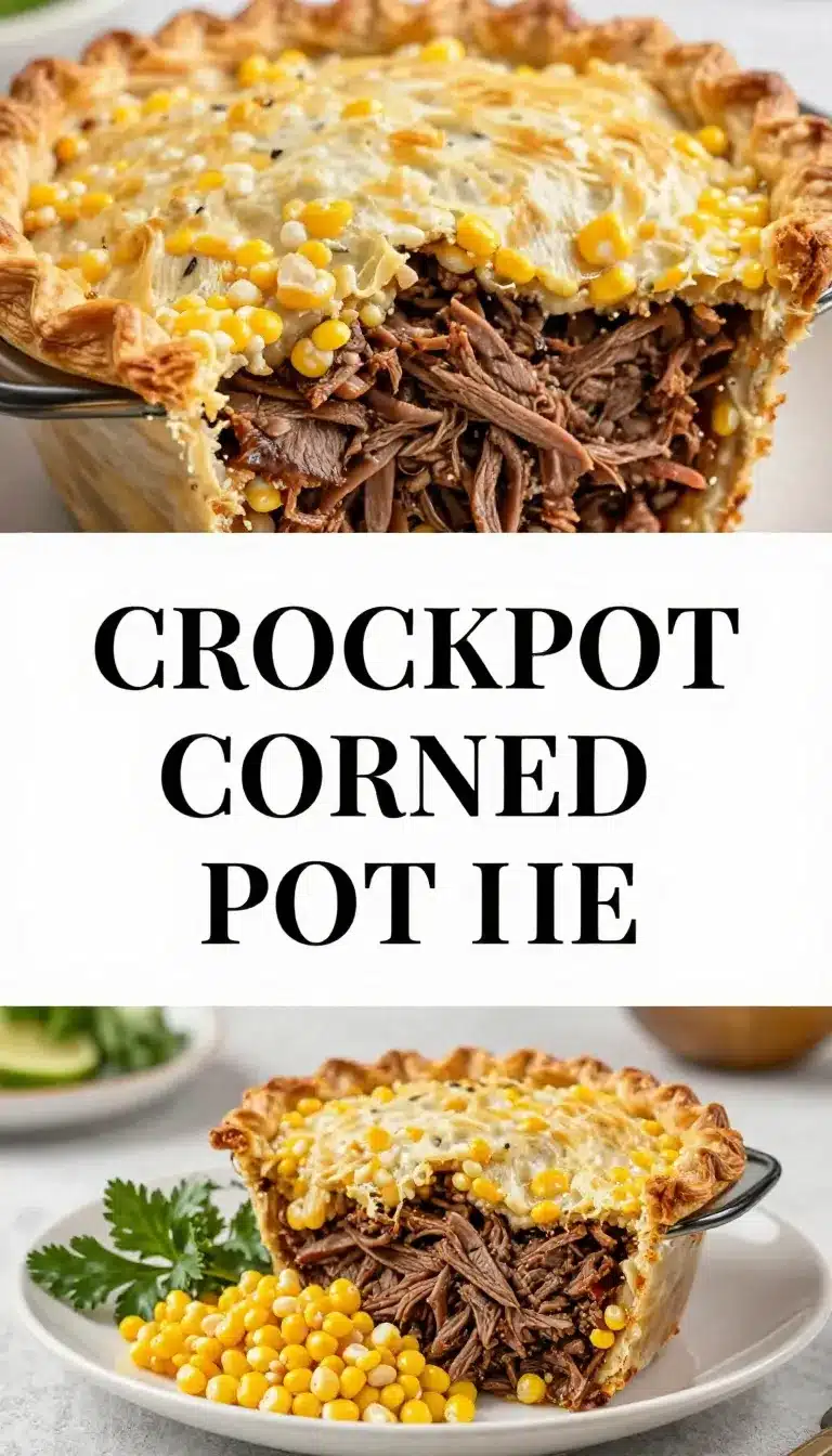 A golden-brown pot pie filled with corned beef, vegetables, and a flaky crust, served on a rustic wooden table.