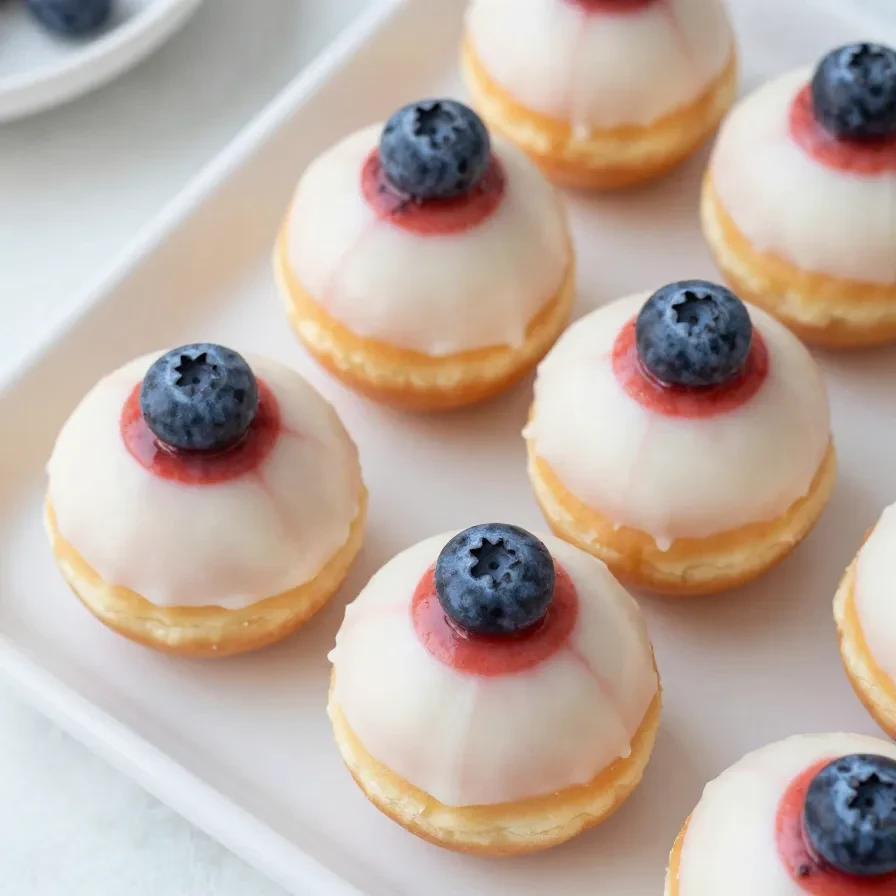 A plate of creepy eyeball donuts decorated with icing and candy eyeballs